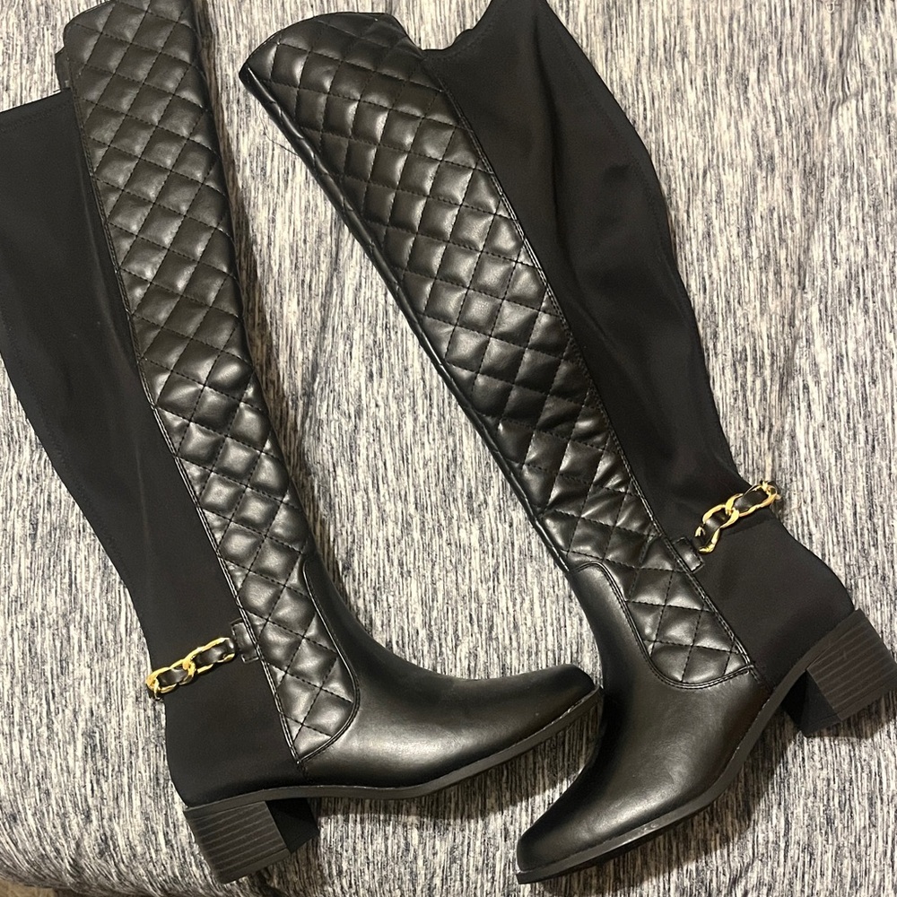 Shoe Dazzle Black Quilted Over the Knee Boots with Gold Accent